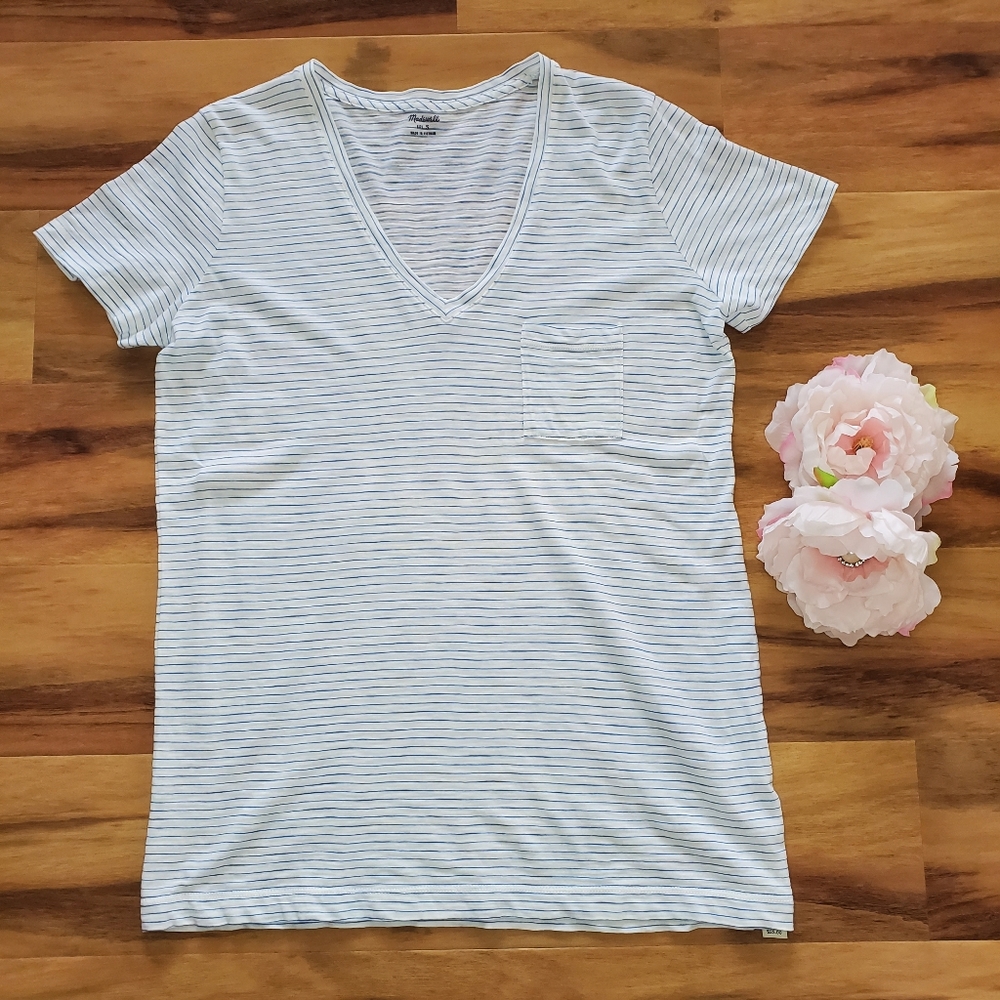 *NWT* Madewell White/Blue Stripe V neck Sz Small